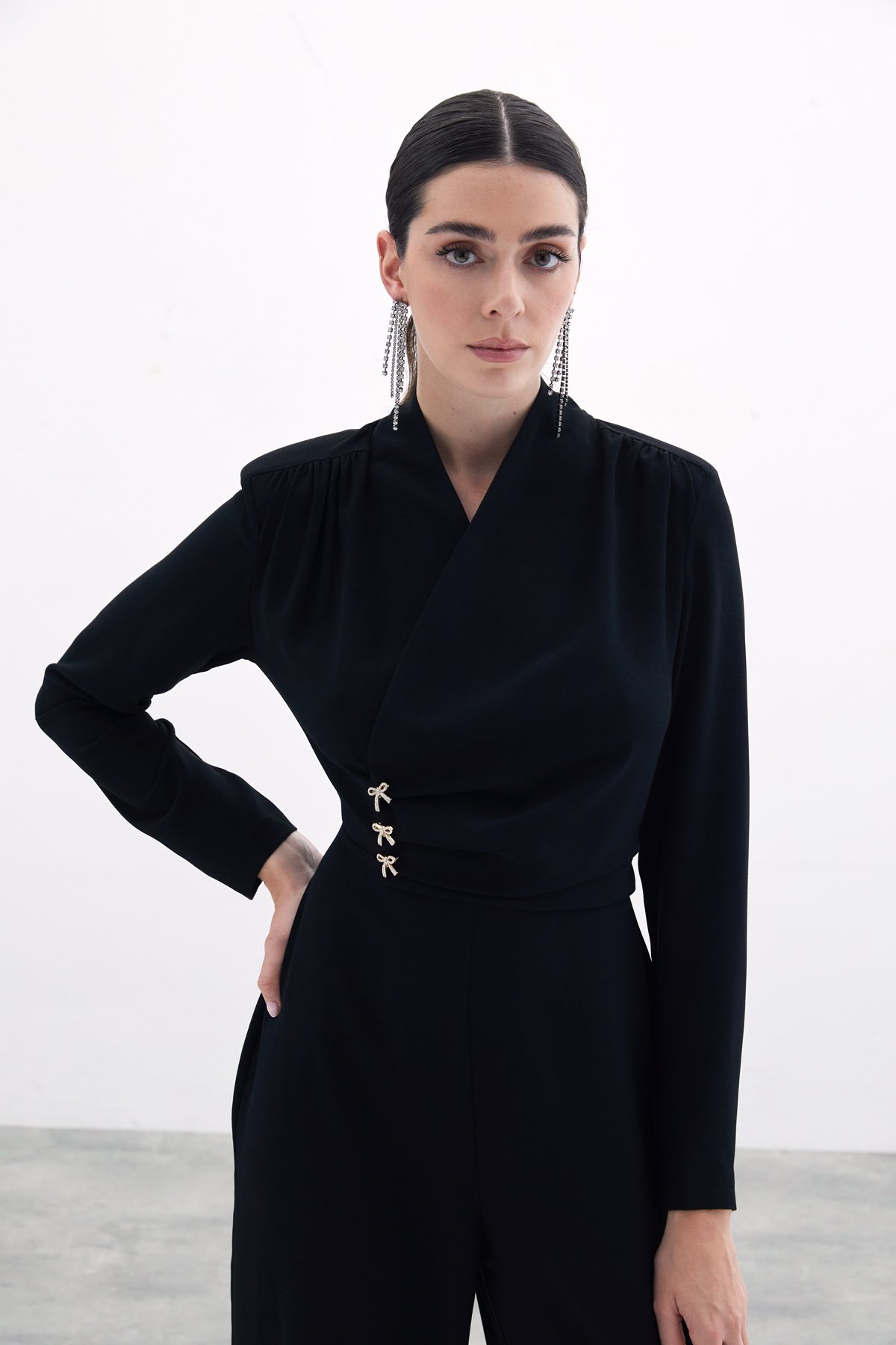 Crepe Jumpsuit with Bow Accessory - Black