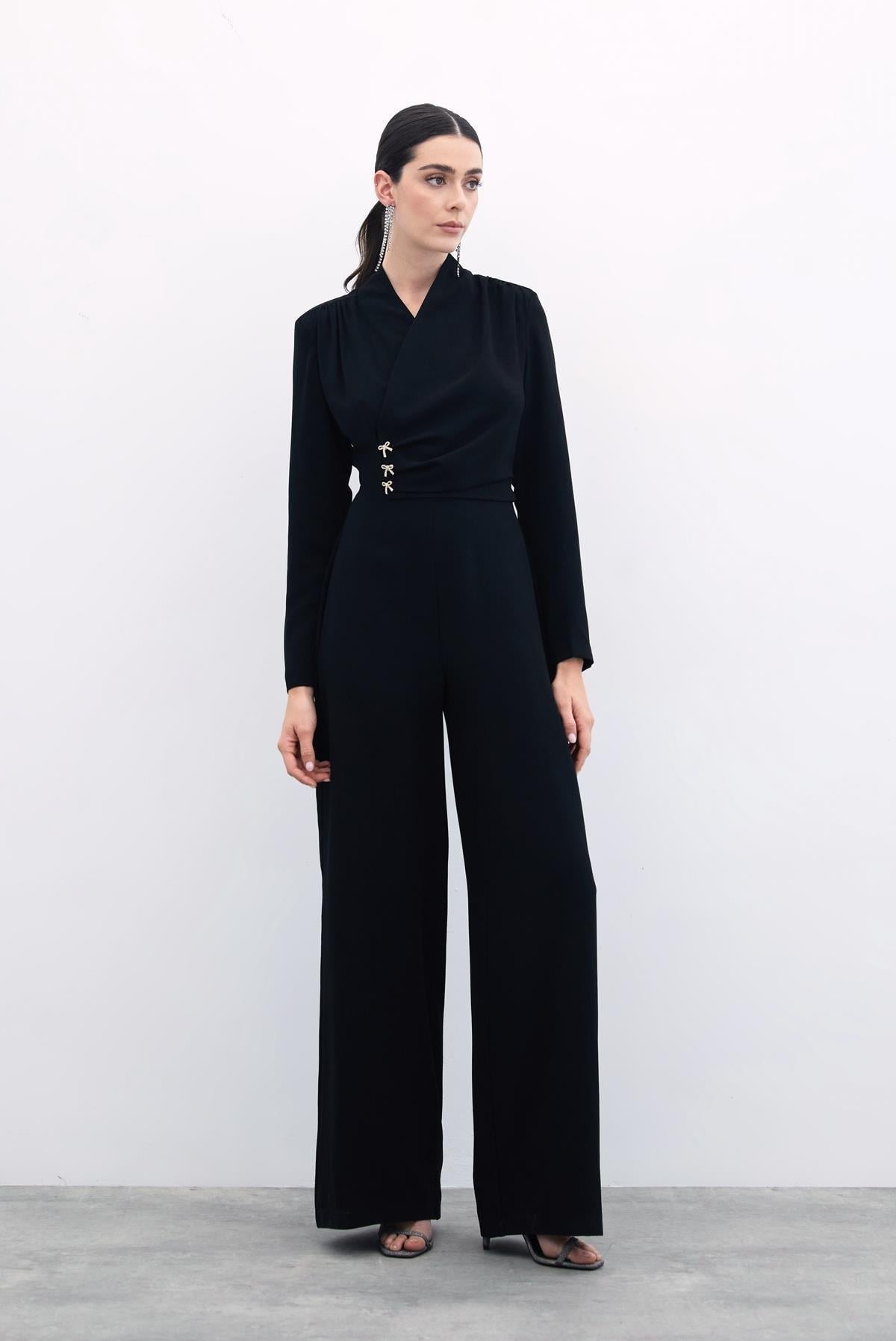 Crepe Jumpsuit with Bow Accessory - Black
