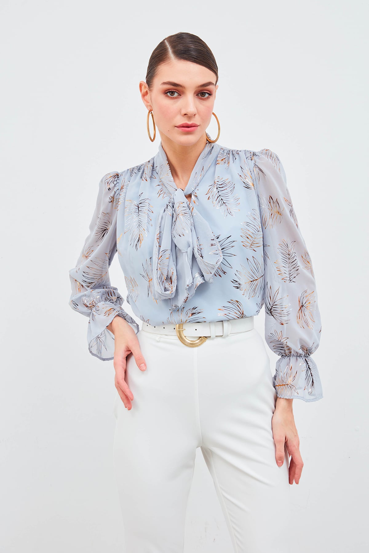 Printed blouse with scarf neckline - GRAY