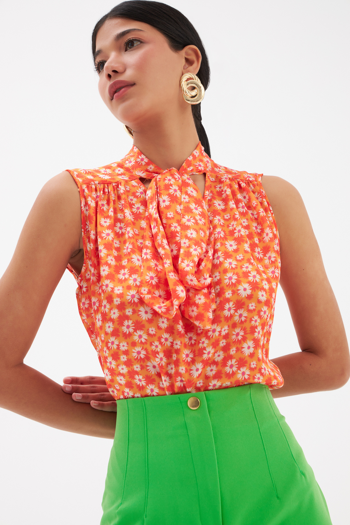 Fular Yaka Desenli Bluz - ORANJ