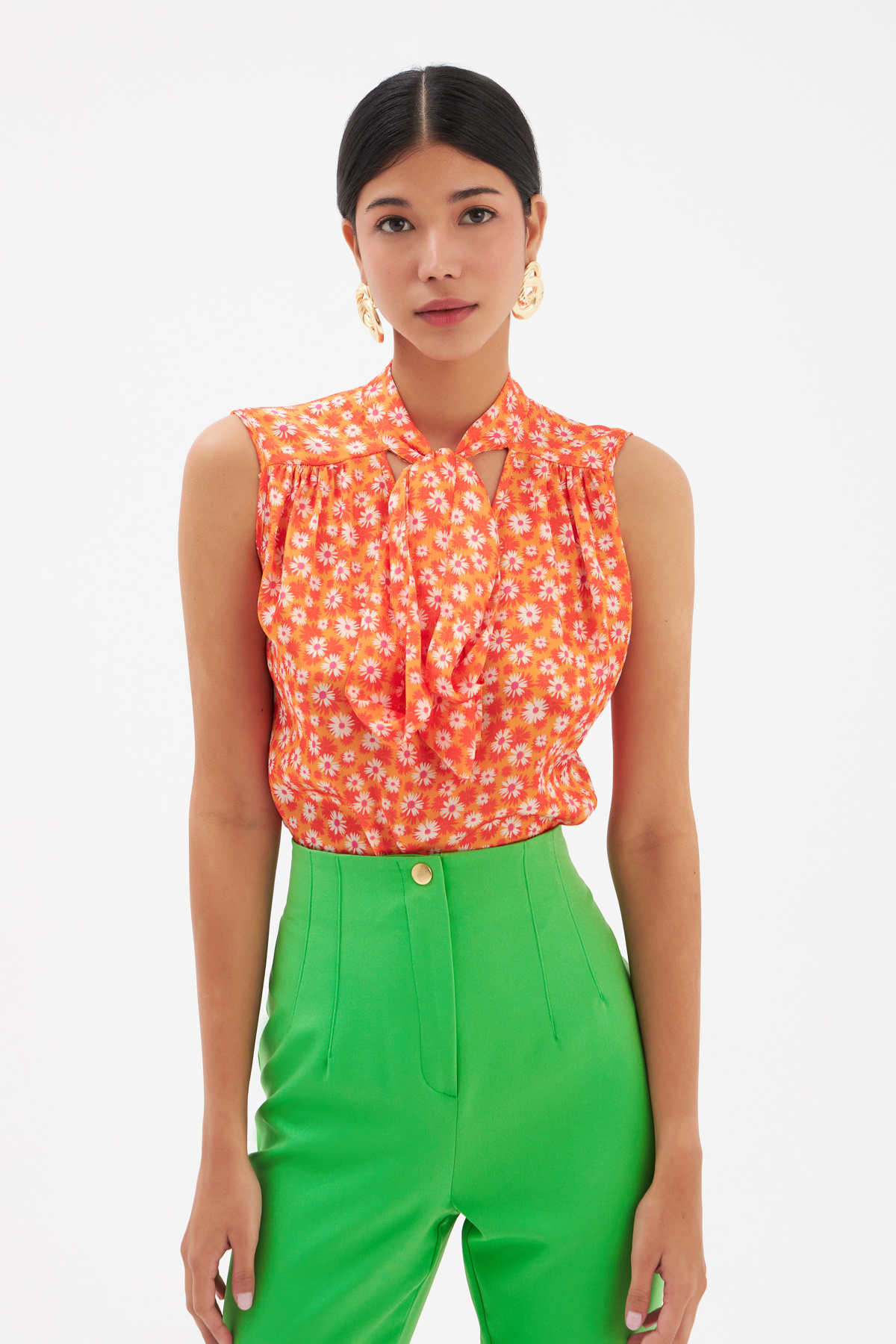 Fular Yaka Desenli Bluz - ORANJ