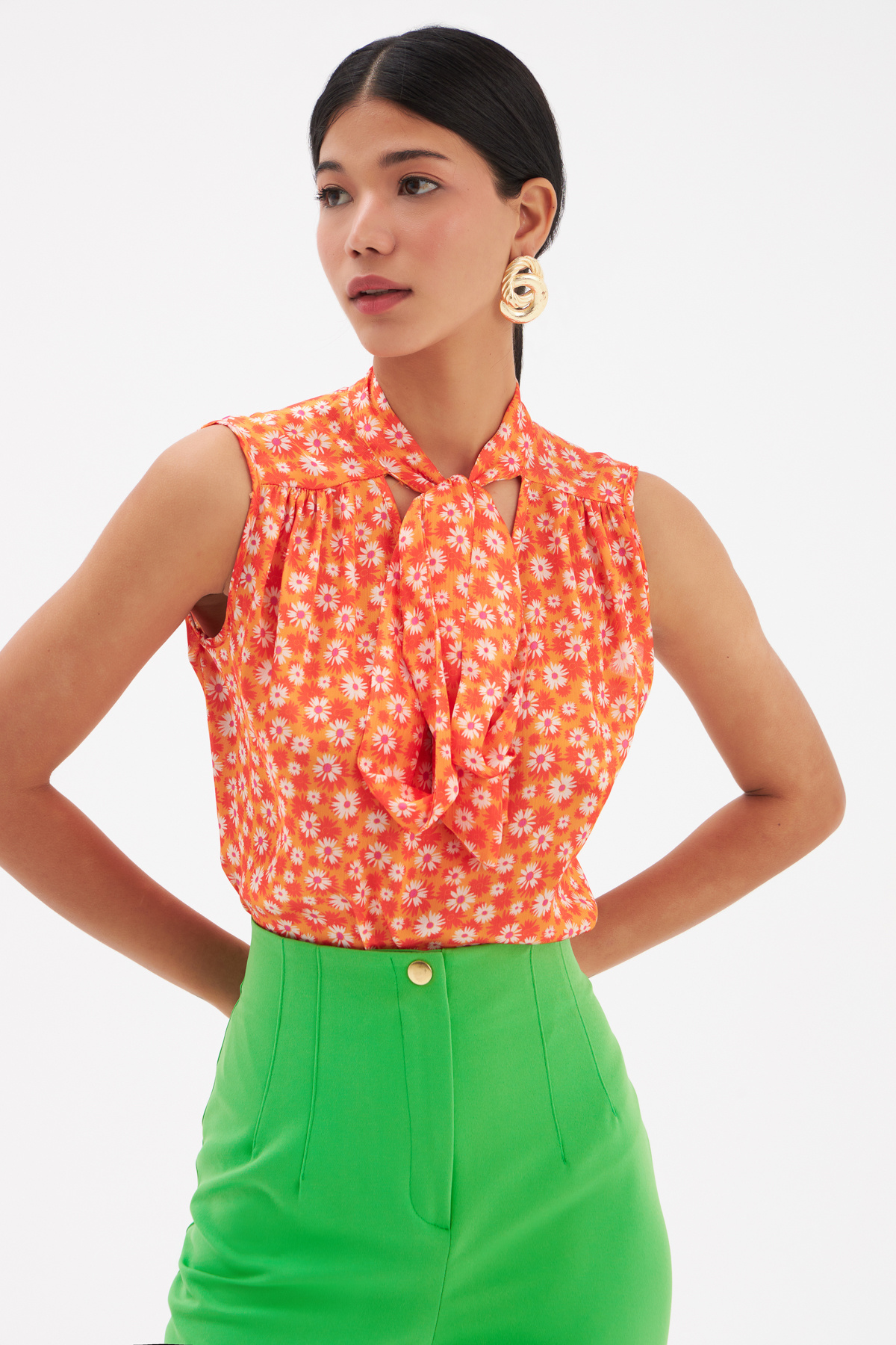 Fular Yaka Desenli Bluz - ORANJ