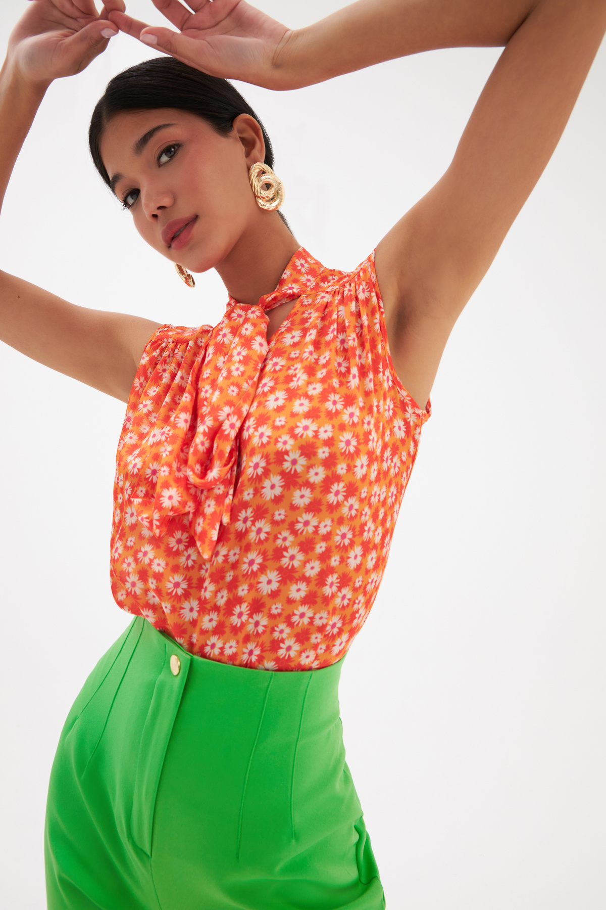 Fular Yaka Desenli Bluz - ORANJ