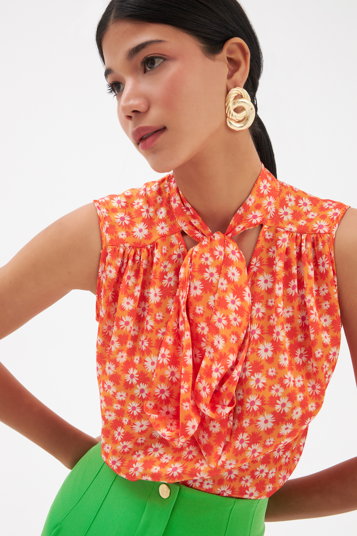 Fular Yaka Desenli Bluz - ORANJ