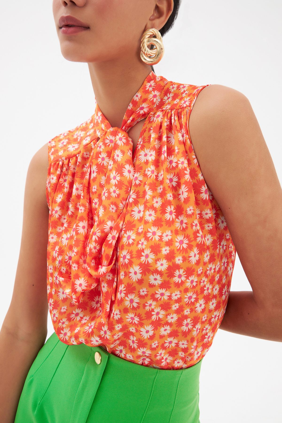 Fular Yaka Desenli Bluz - ORANJ