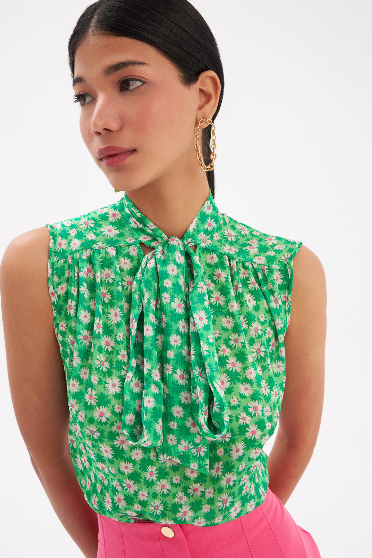 Fular Yaka Desenli Bluz - YEŞİL