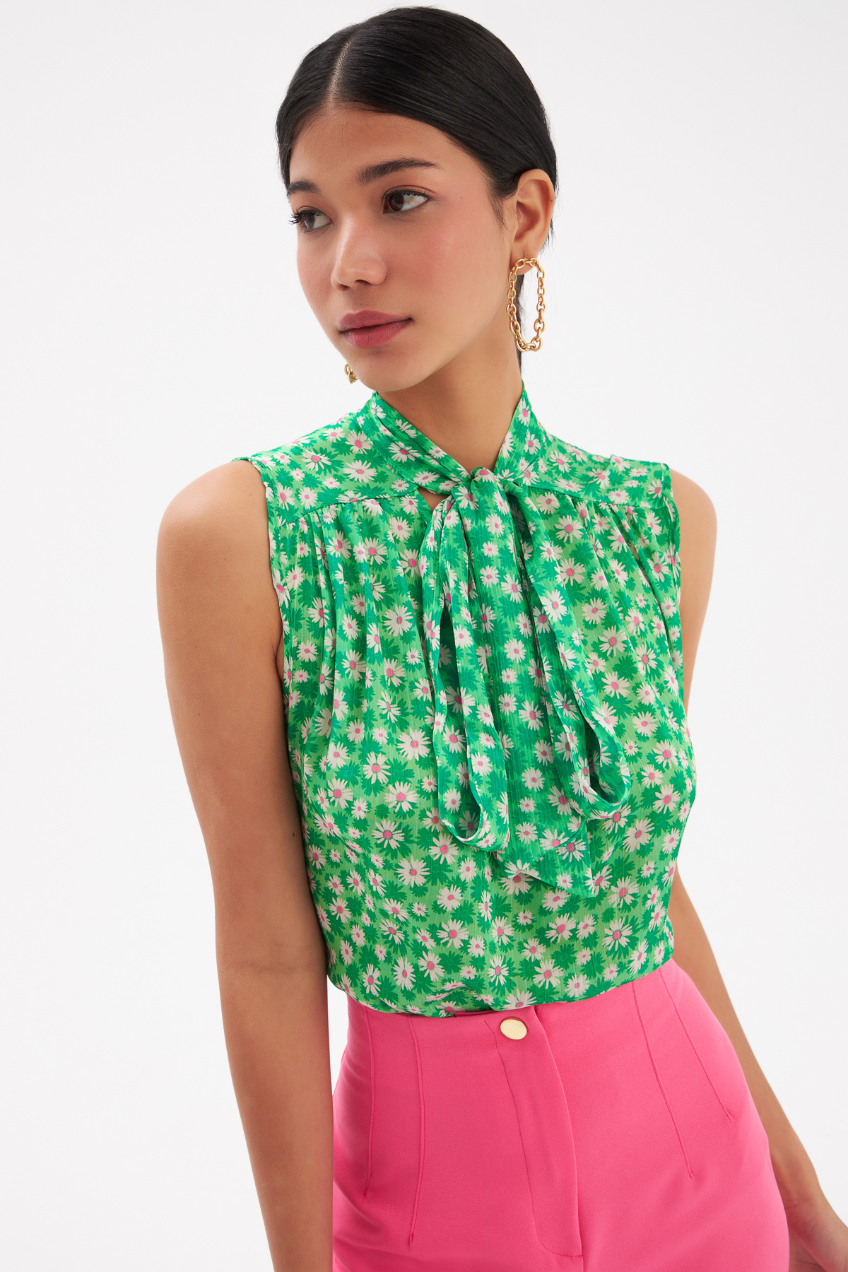 Fular Yaka Desenli Bluz - YEŞİL