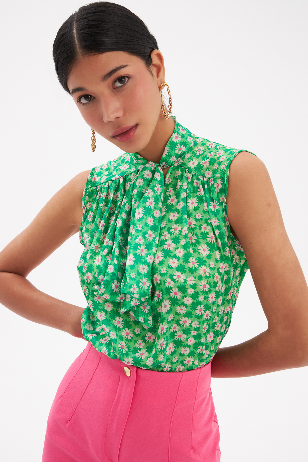 Fular Yaka Desenli Bluz - YEŞİL