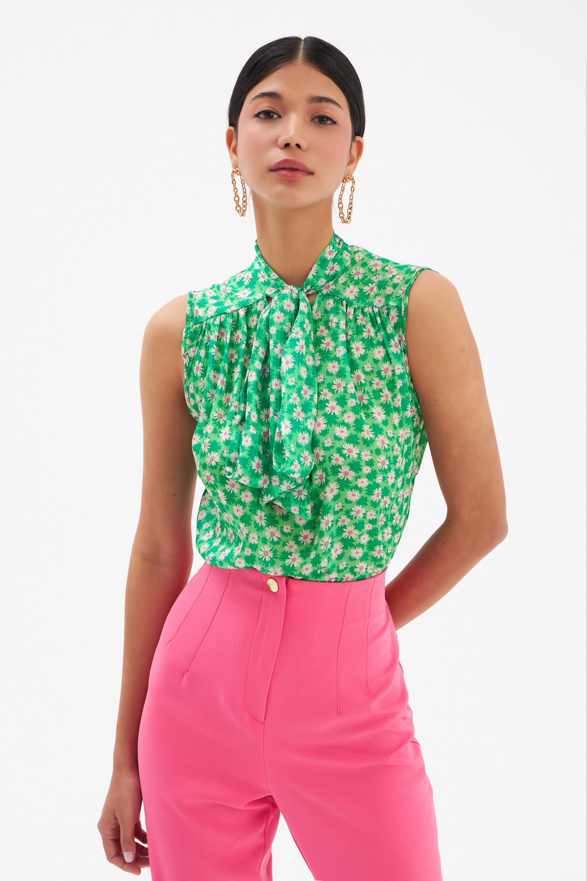 Fular Yaka Desenli Bluz - YEŞİL