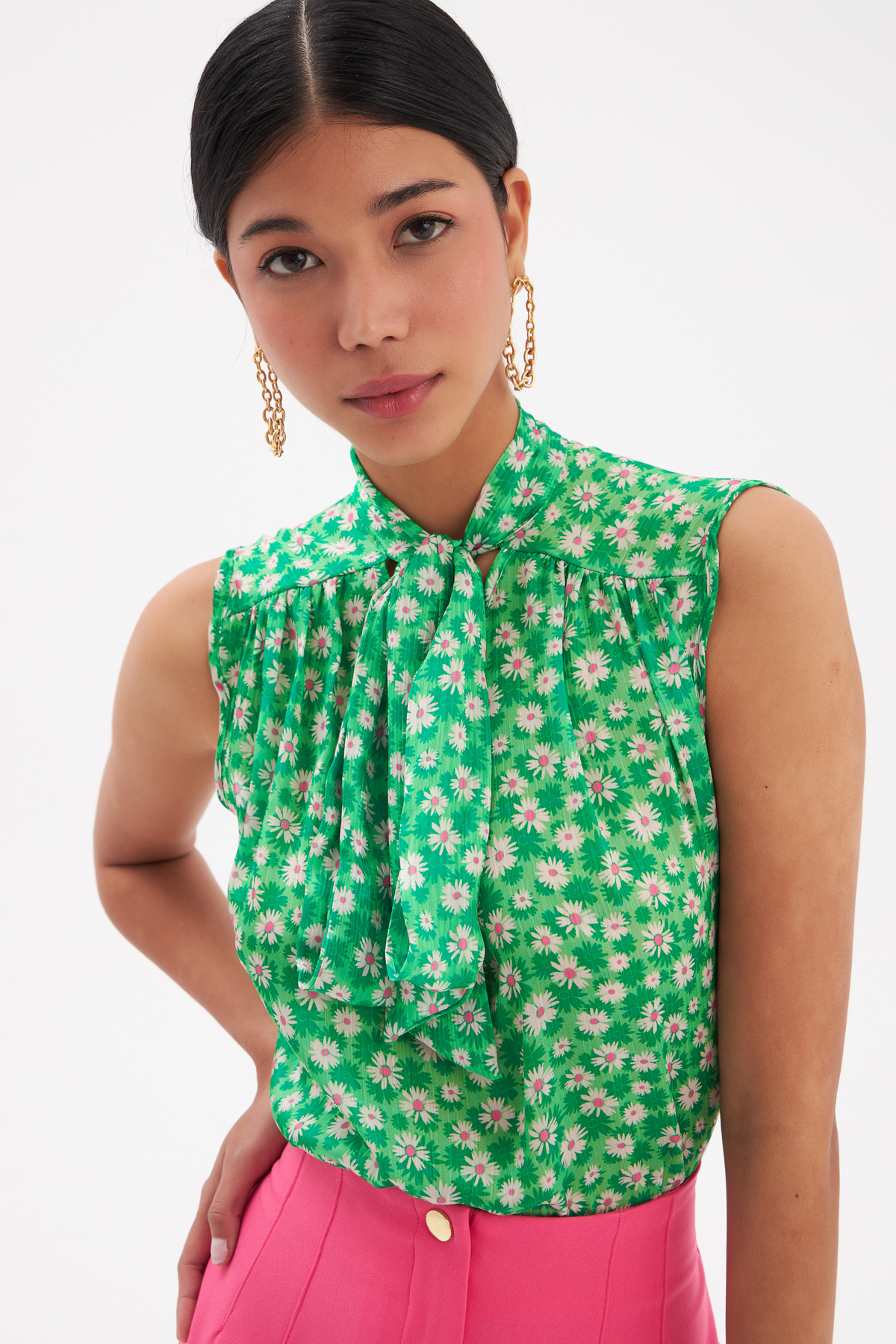 Fular Yaka Desenli Bluz - YEŞİL