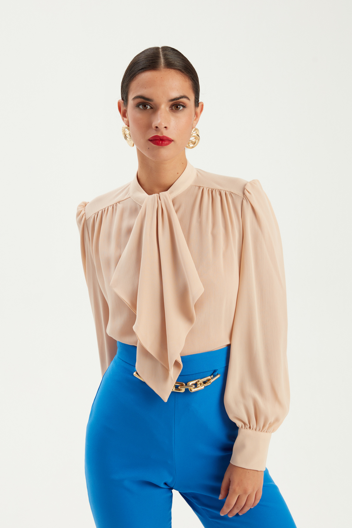 Fular Yaka Salaş Bluz - BEJ