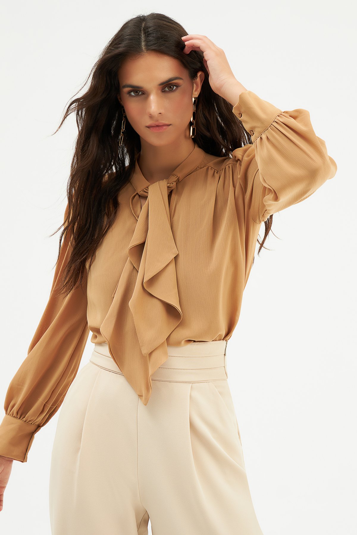 Fular Yaka Salaş Bluz - CAMEL