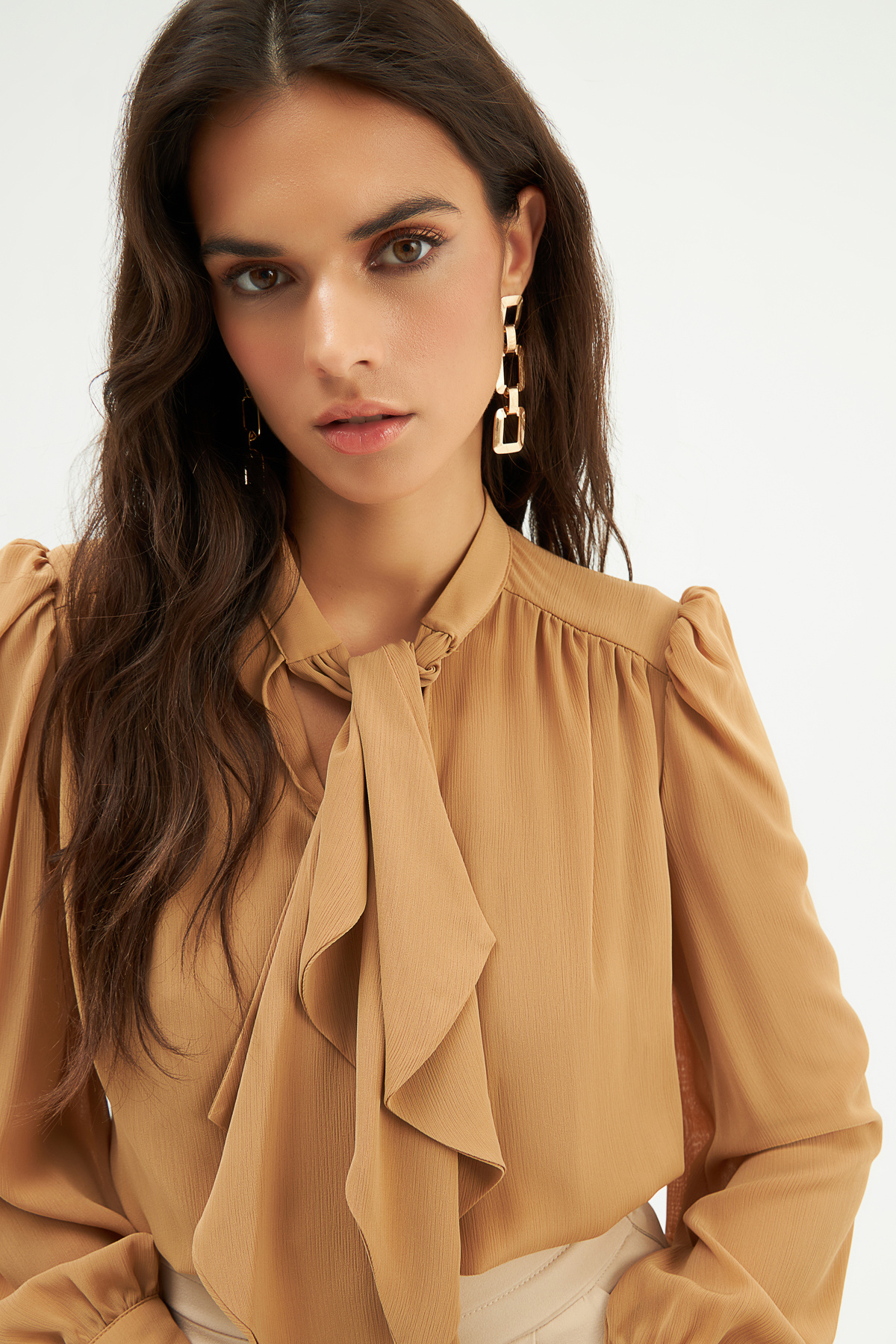 Fular Yaka Salaş Bluz - CAMEL