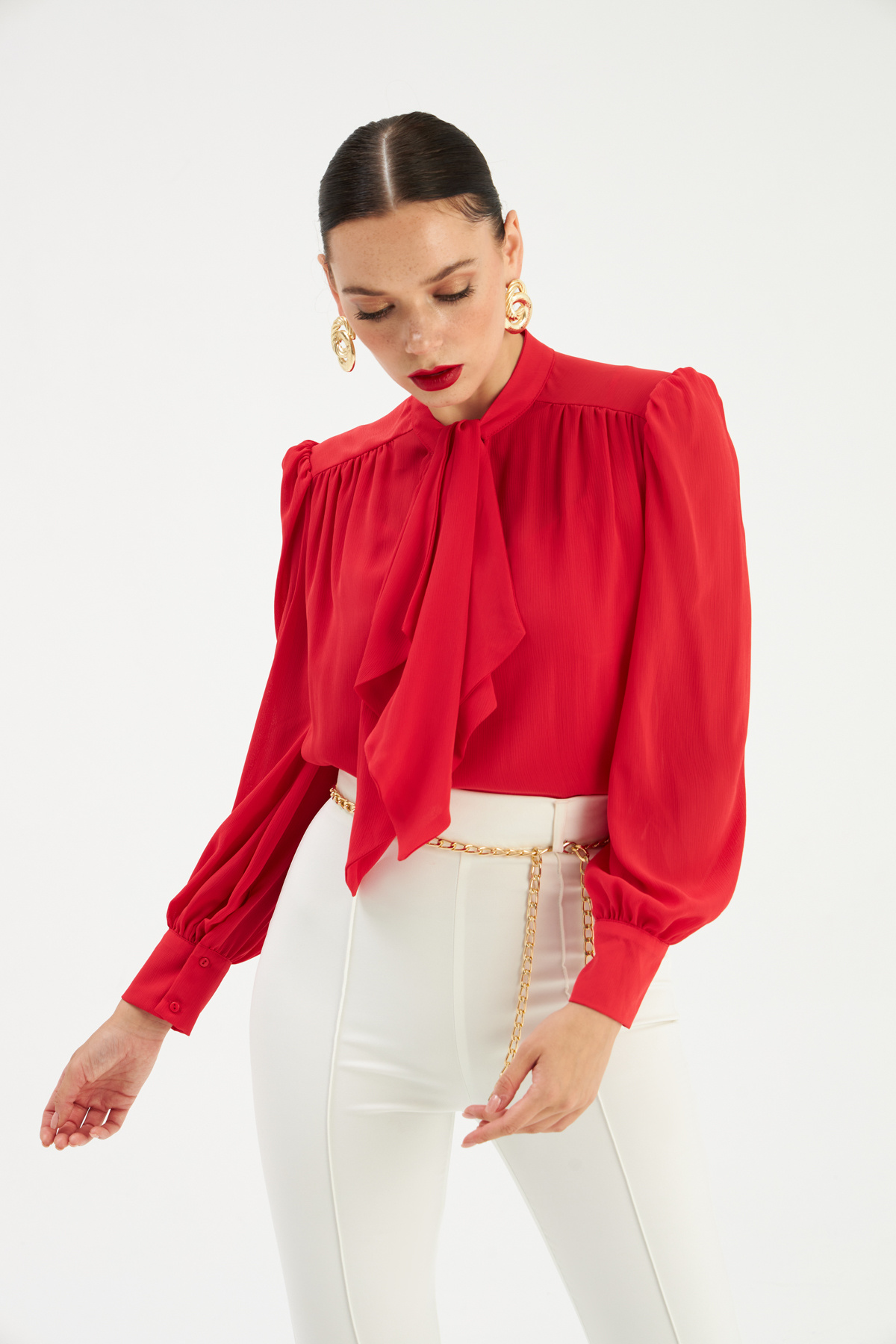 Fular Yaka Salaş Bluz - KIRMIZI