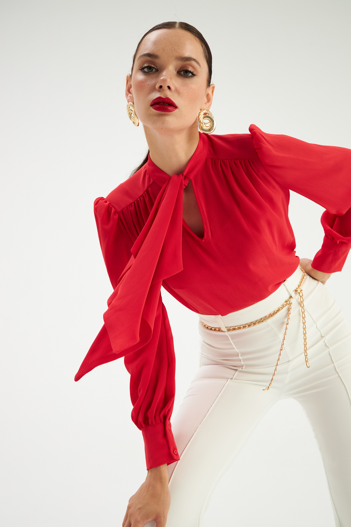 Fular Yaka Salaş Bluz - KIRMIZI