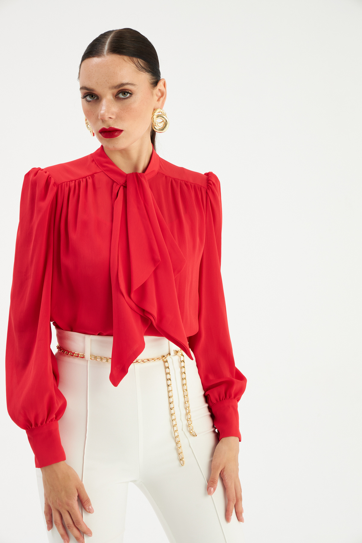 Fular Yaka Salaş Bluz - KIRMIZI