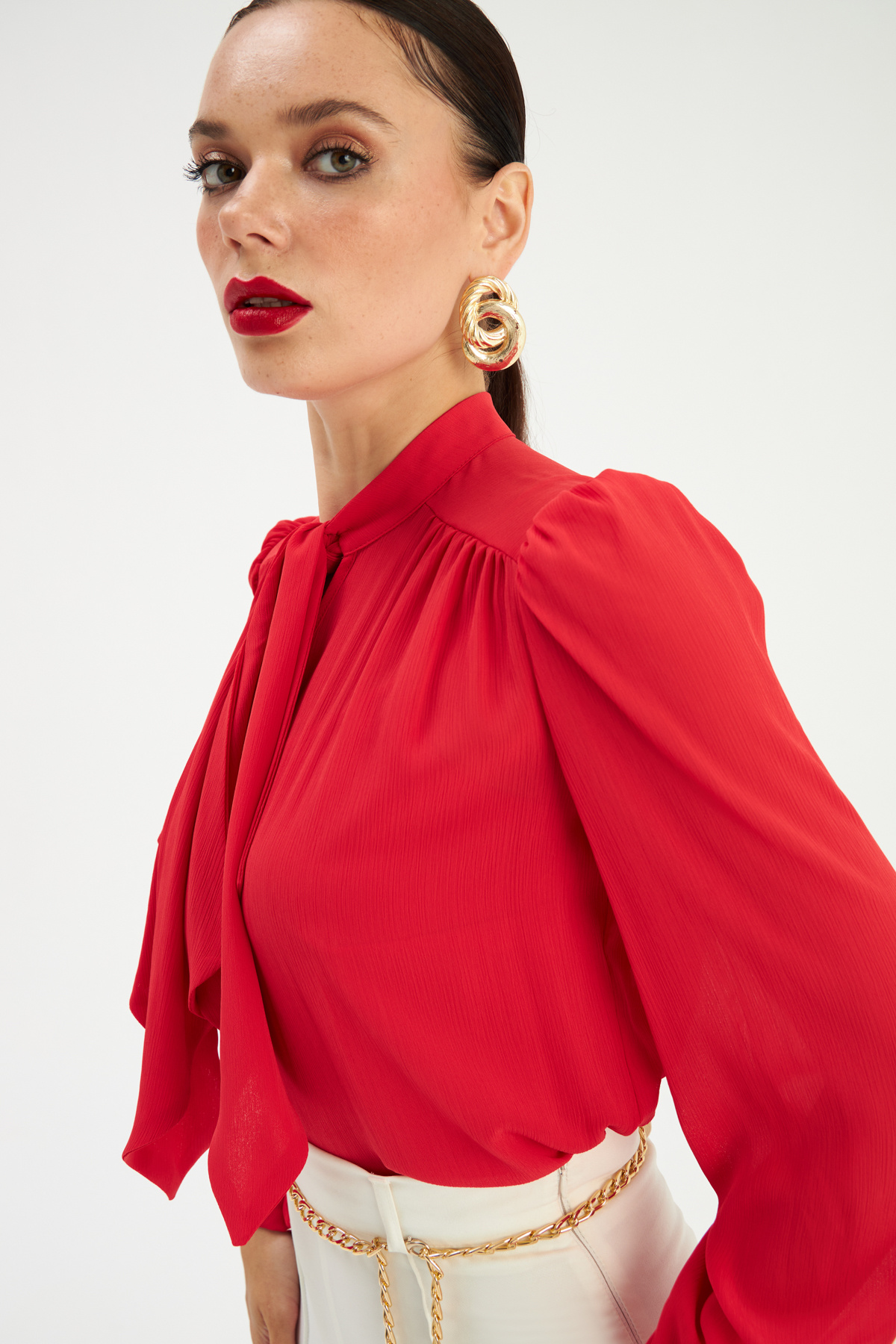 Fular Yaka Salaş Bluz - KIRMIZI