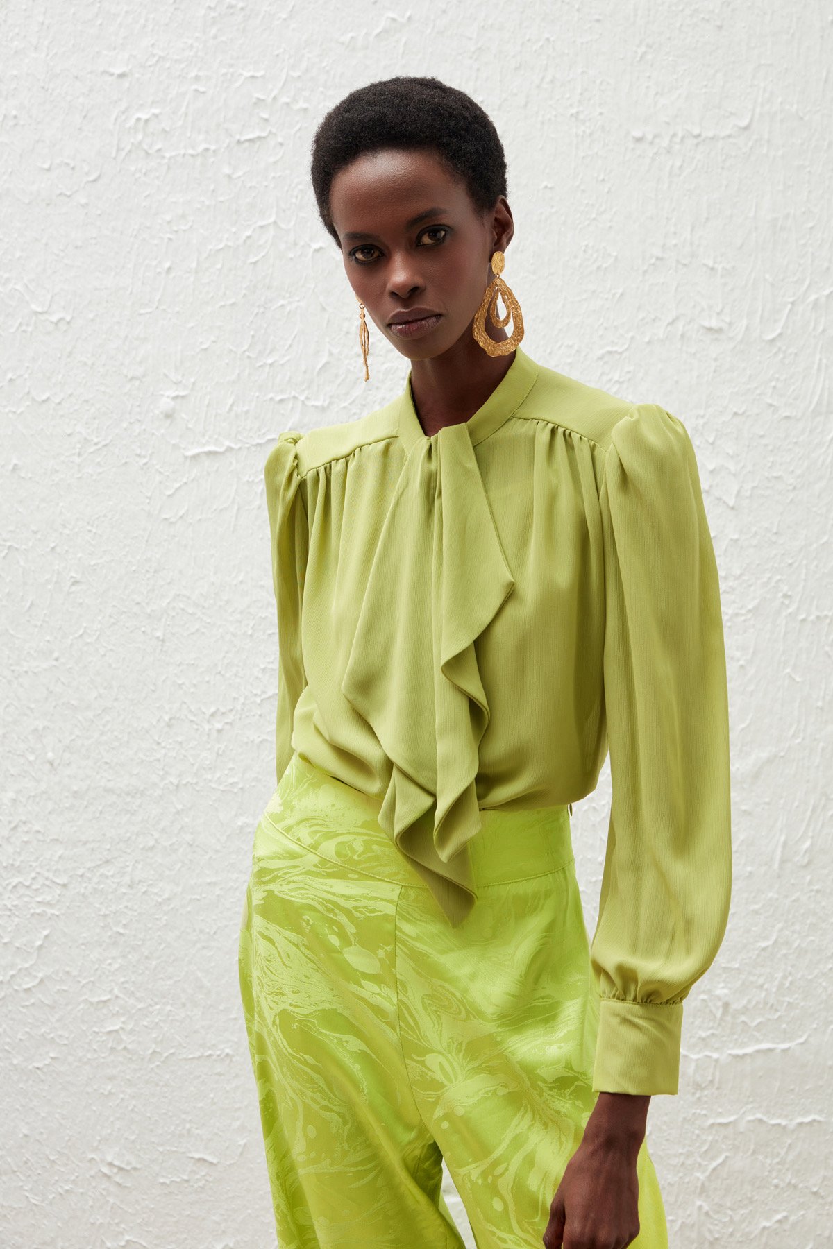 Fular Yaka Salaş Bluz - YAĞ YEŞİLİ