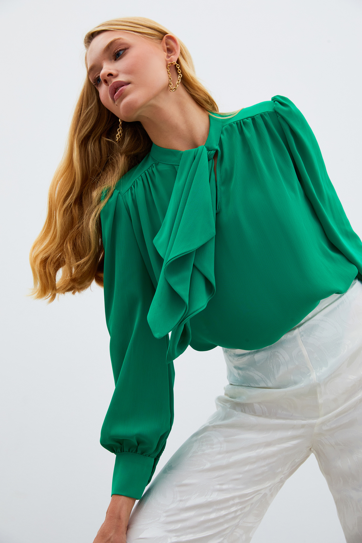 Fular Yaka Salaş Bluz - YEŞİL