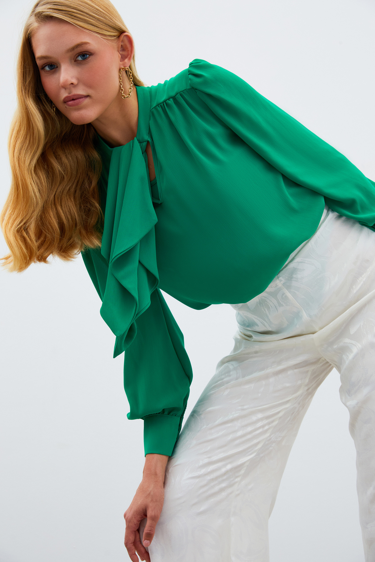 Fular Yaka Salaş Bluz - YEŞİL