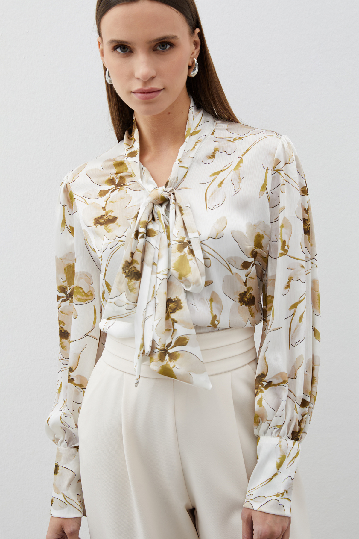 Fularlı Çiçek Desenli Gömlek - HAKİ