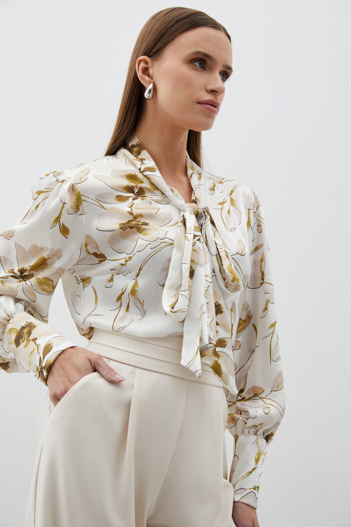 Fularlı Çiçek Desenli Gömlek - HAKİ