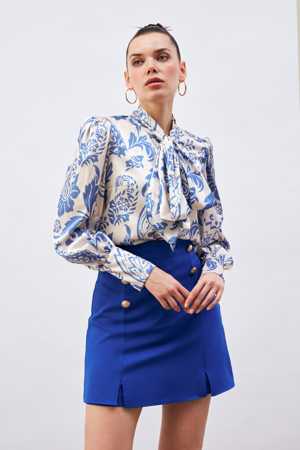 Fularlı Desenli Gömlek - İNDİGO