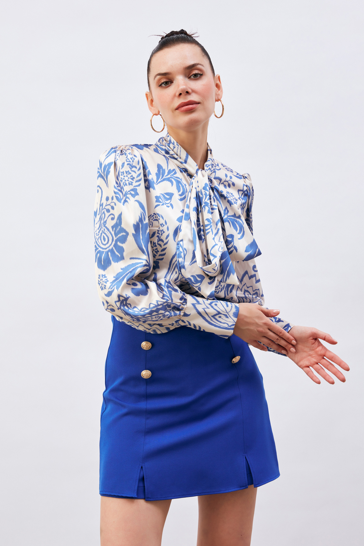 Fularlı Desenli Gömlek - İNDİGO
