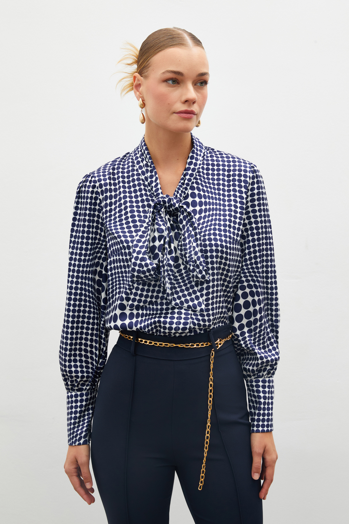 Fularlı Desenli Gömlek - SAX MAVİ