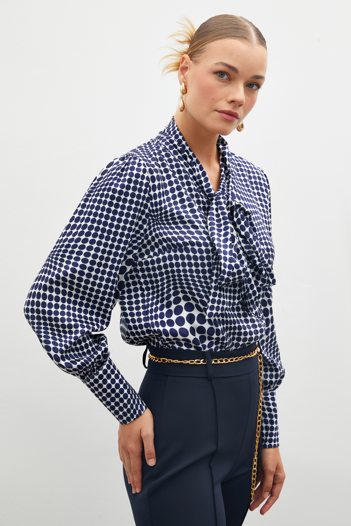 Fularlı Desenli Gömlek - SAX MAVİ