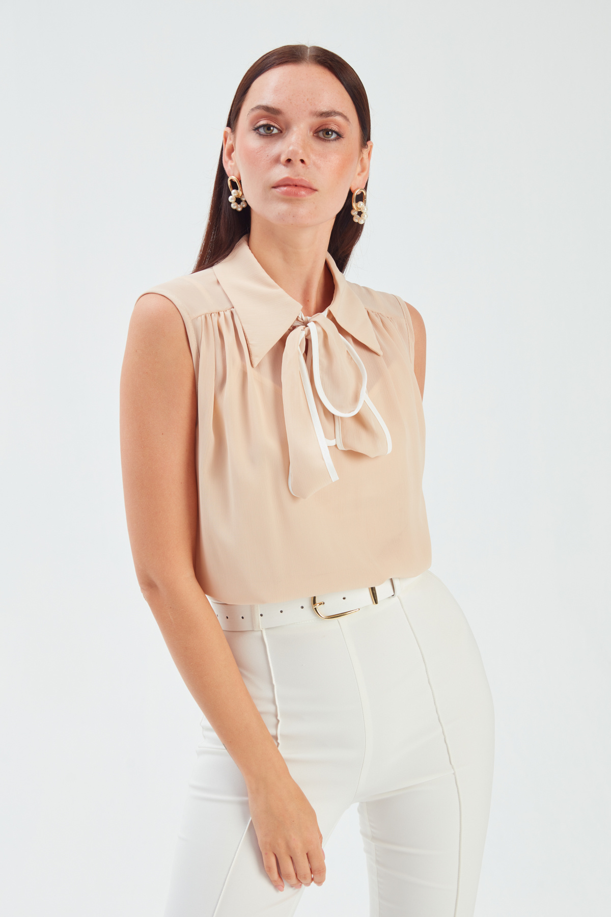 Scarf Sleeveless Blouse - BEIGE
