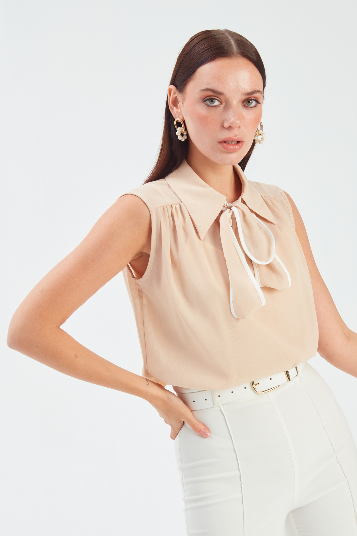 Scarf Sleeveless Blouse - BEIGE