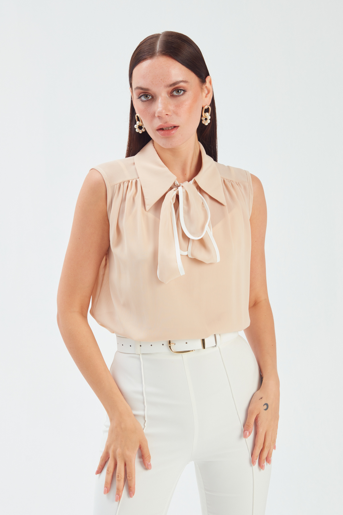 Scarf Sleeveless Blouse - BEIGE