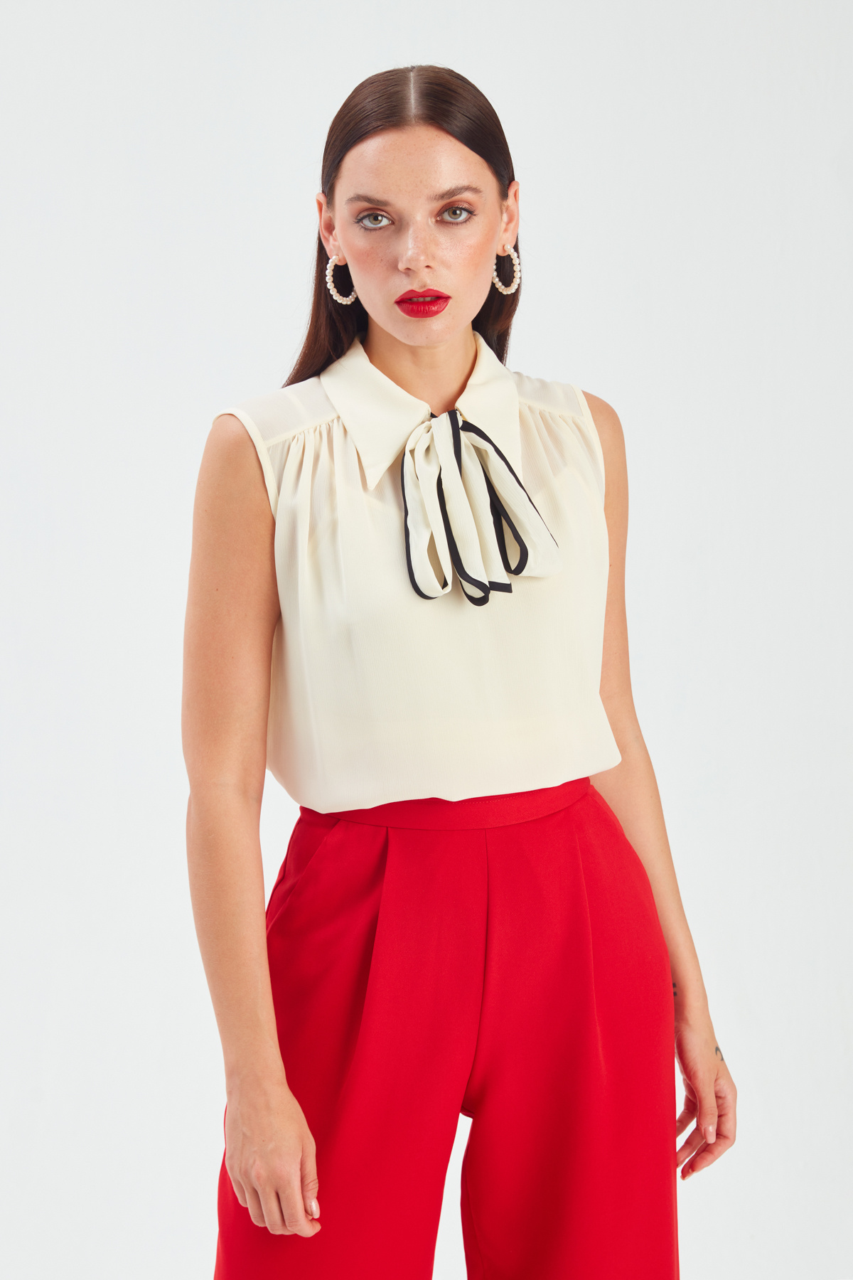 Scarf Sleeveless Blouse - CREAM