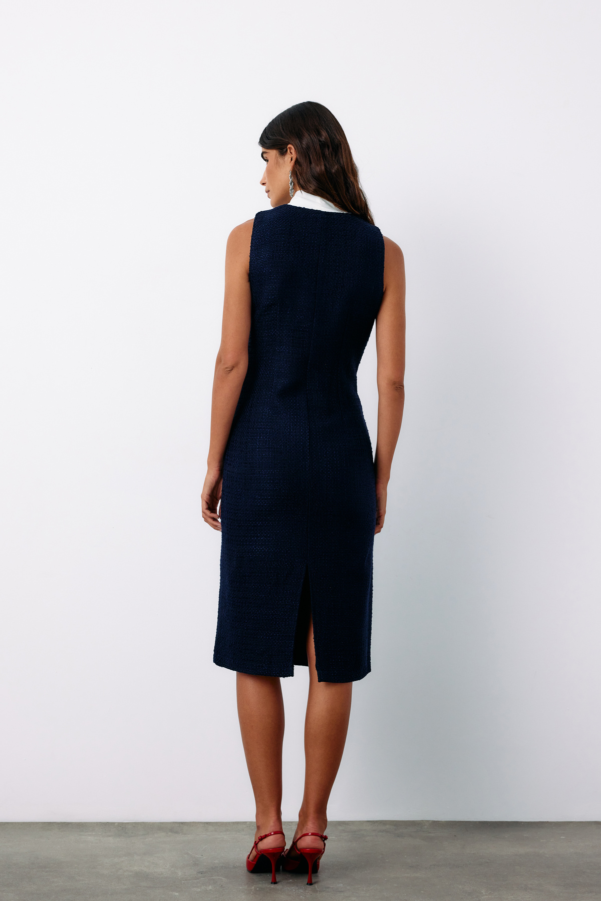 Fularlı Kolsuz Tüvit Elbise - LACİVERT