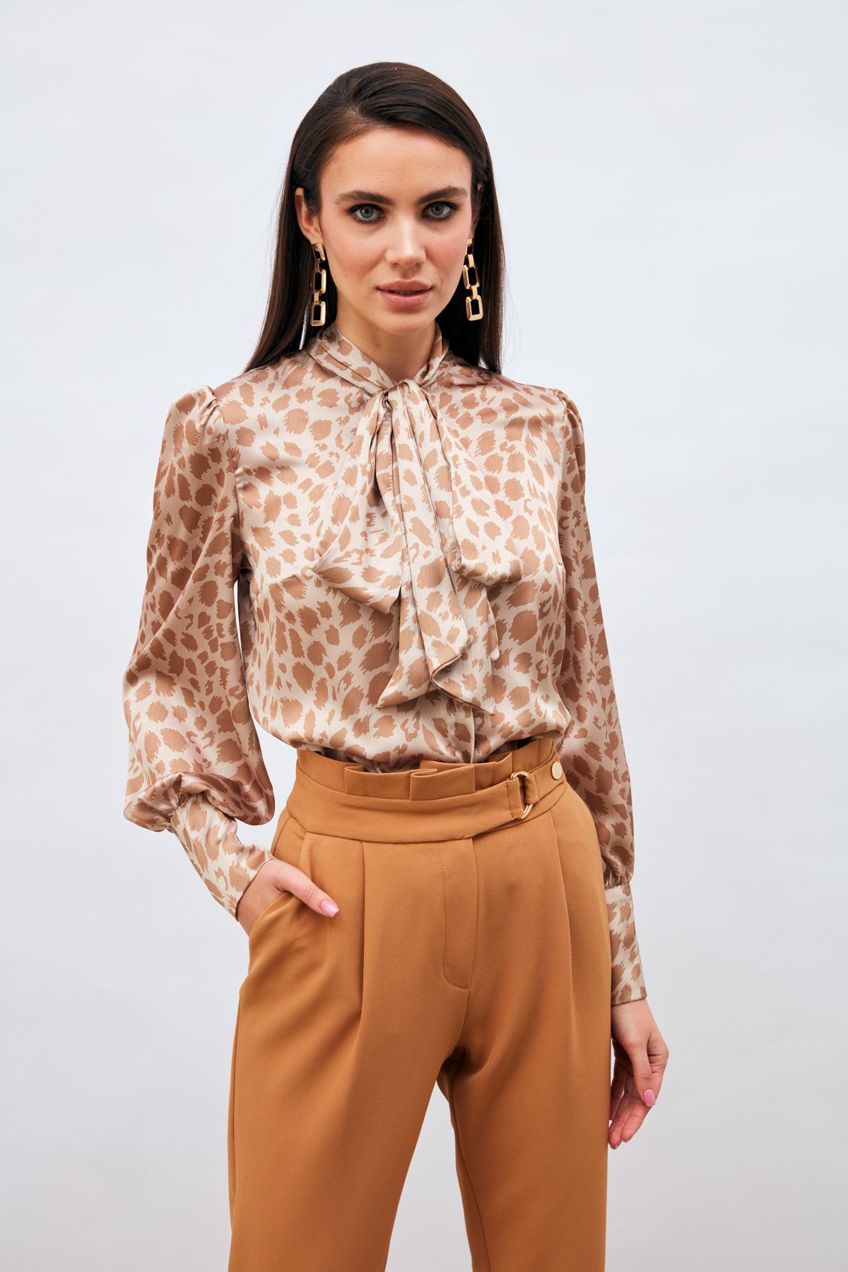 Fularlı Leopar Desenli Gömlek - CAMEL