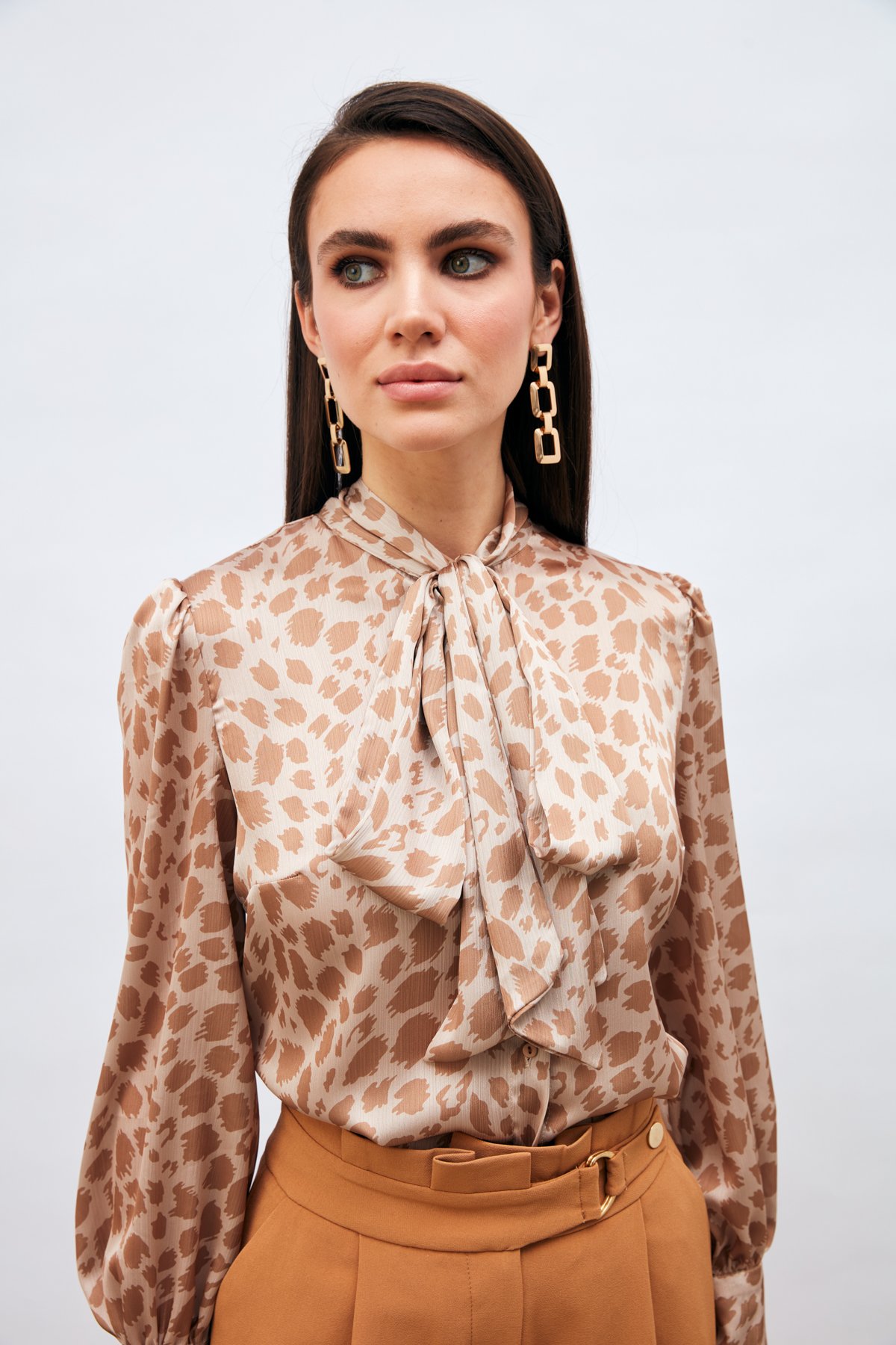 Fularlı Leopar Desenli Gömlek - CAMEL