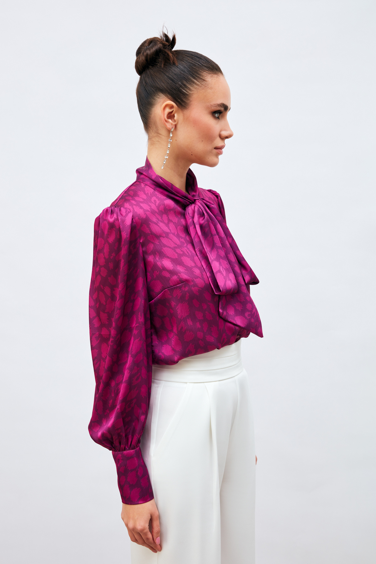 Fularlı Leopar Desenli Gömlek - FUŞYA