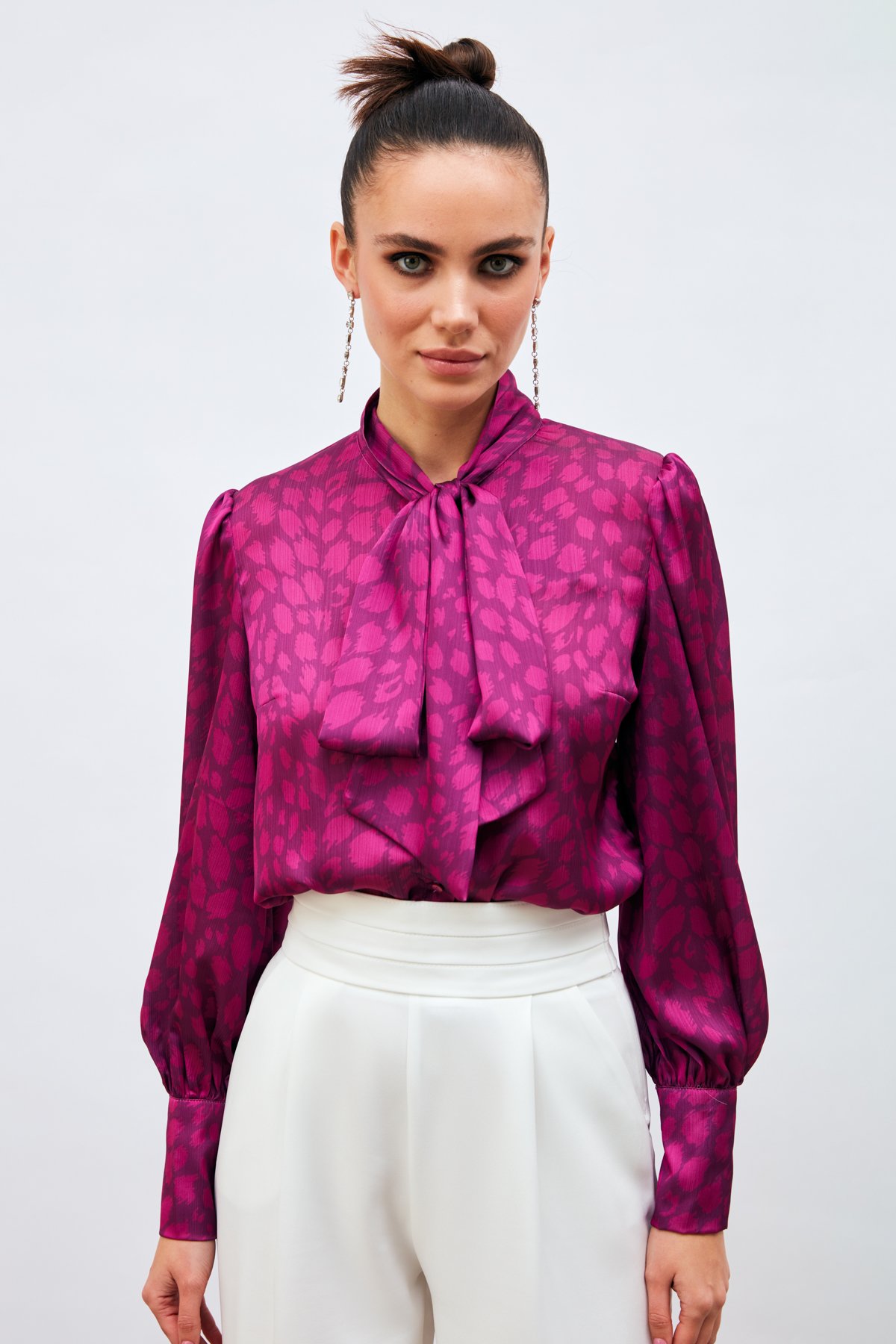 Fularlı Leopar Desenli Gömlek - FUŞYA