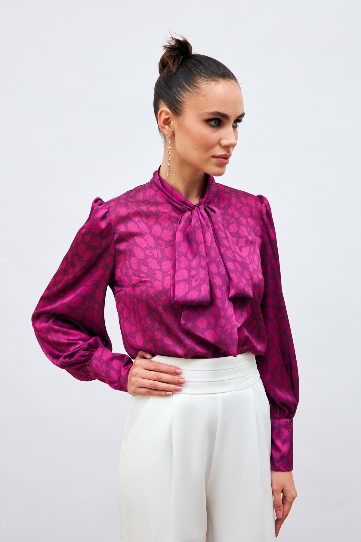 Fularlı Leopar Desenli Gömlek - FUŞYA