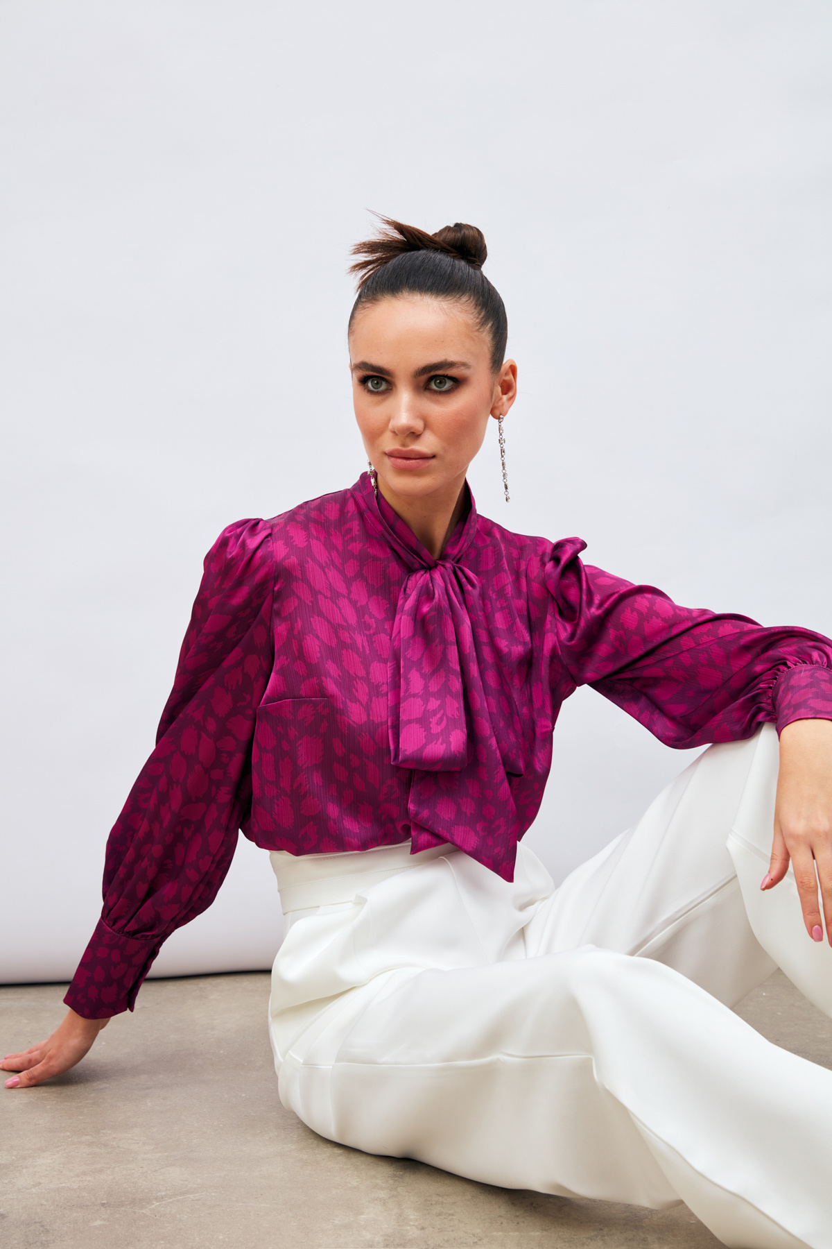 Fularlı Leopar Desenli Gömlek - FUŞYA