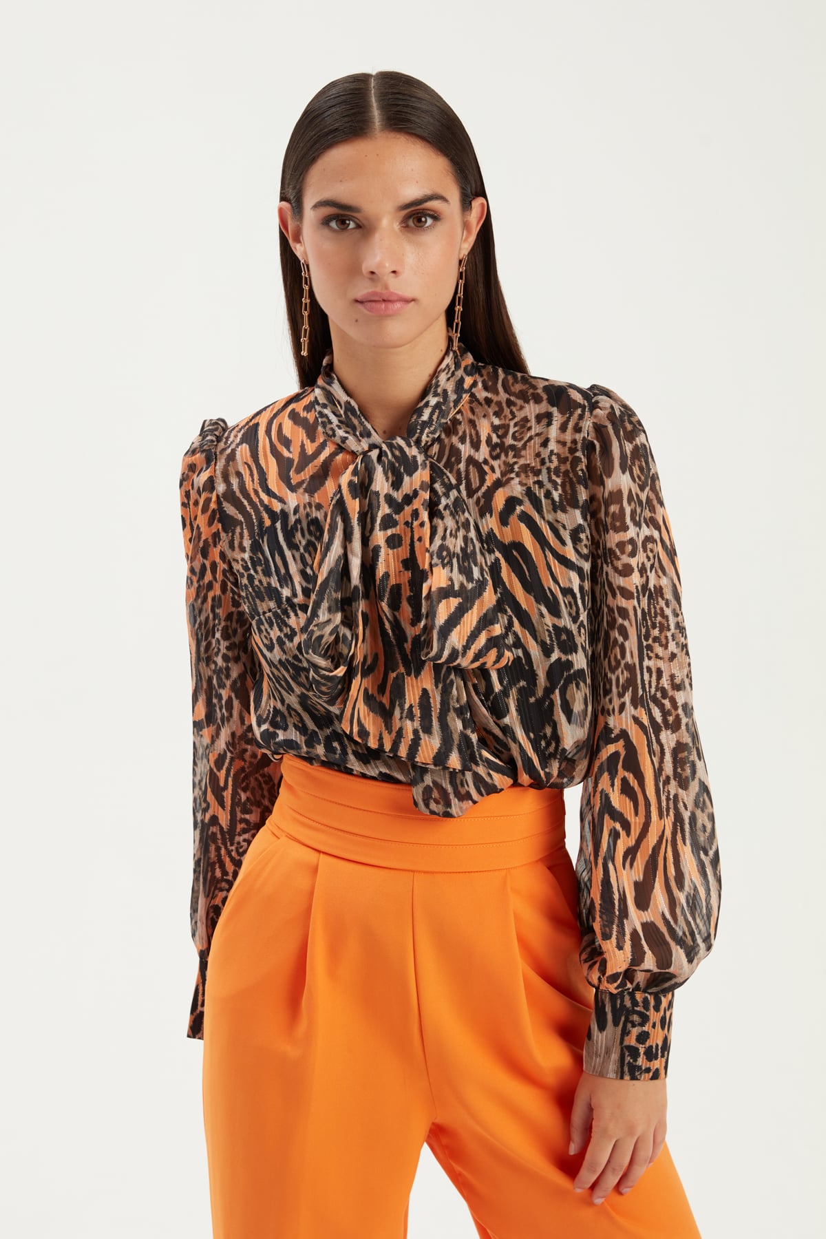 Fularlı Leopar Desenli Gömlek - ORANJ
