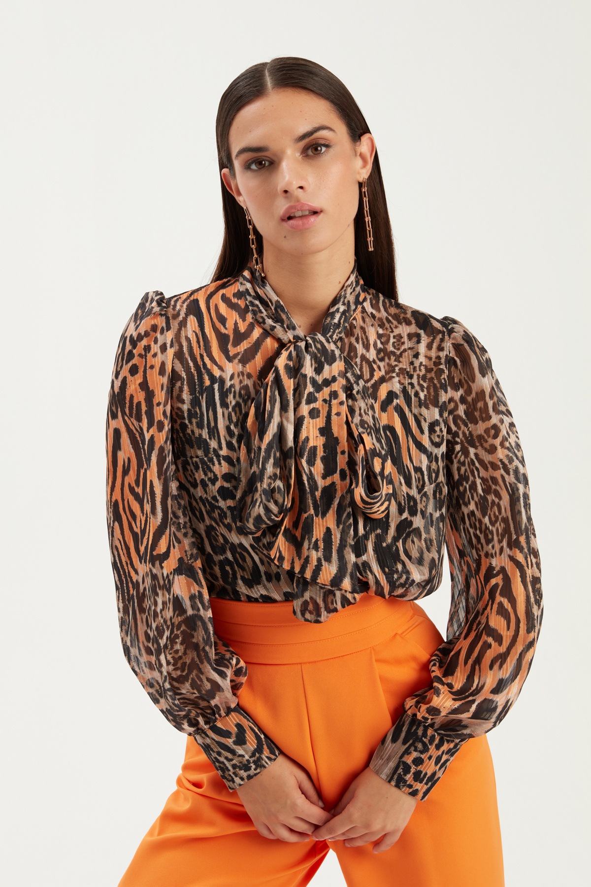 Fularlı Leopar Desenli Gömlek - ORANJ