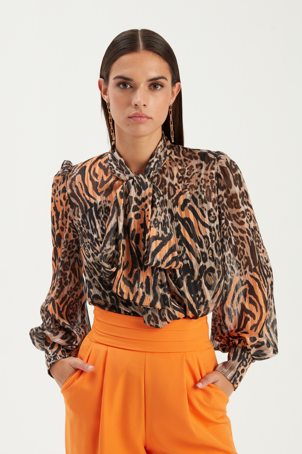 Fularlı Leopar Desenli Gömlek - ORANJ