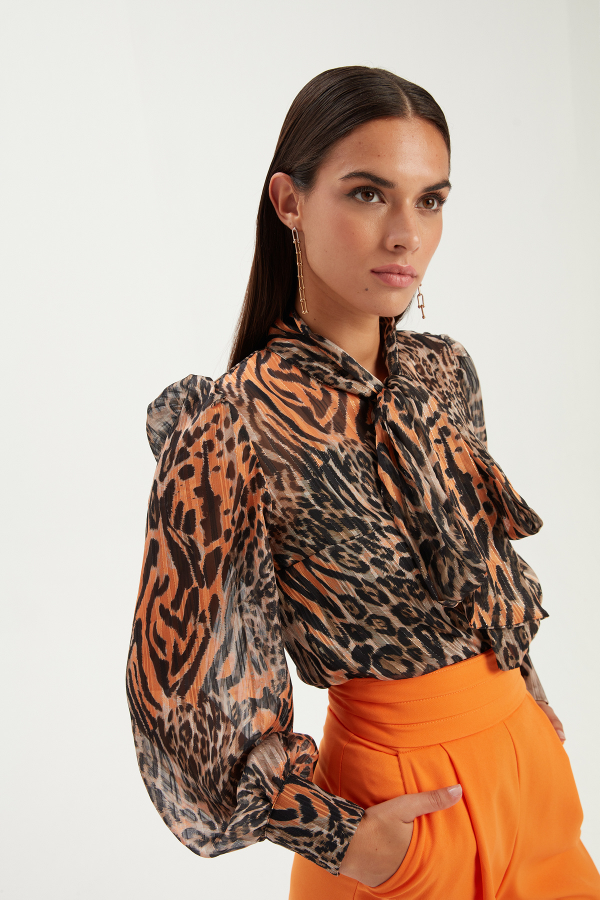 Fularlı Leopar Desenli Gömlek - ORANJ