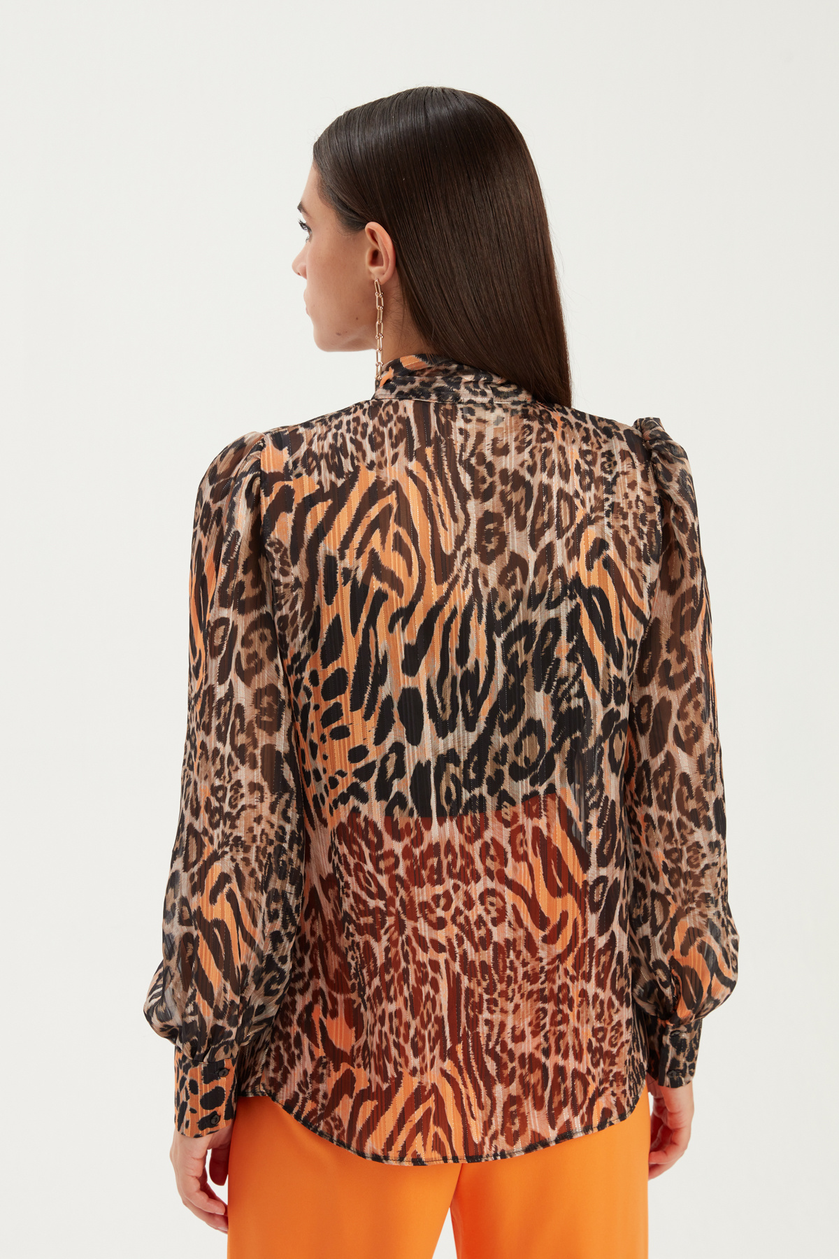 Fularlı Leopar Desenli Gömlek - ORANJ