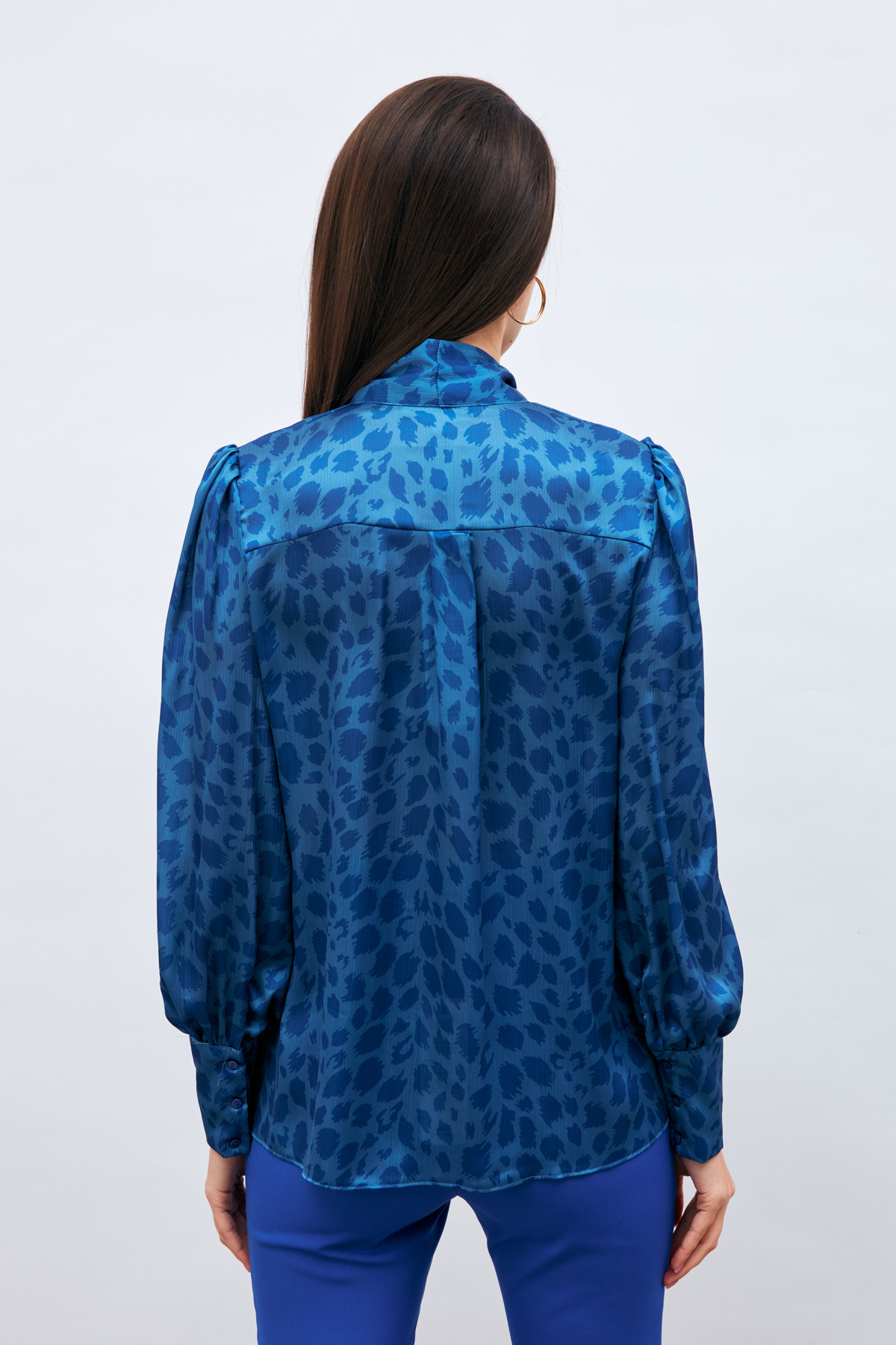 Fularlı Leopar Desenli Gömlek - SAX MAVİ