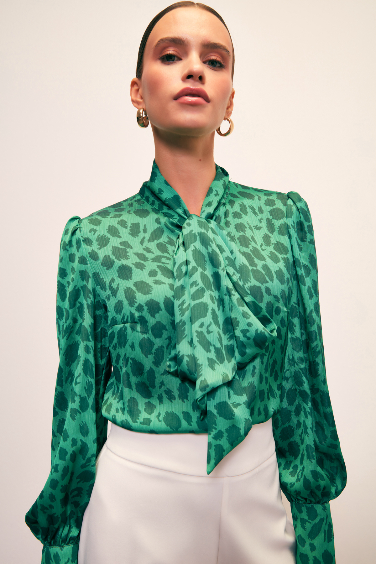 Fularlı Leopar Desenli Gömlek - YEŞİL