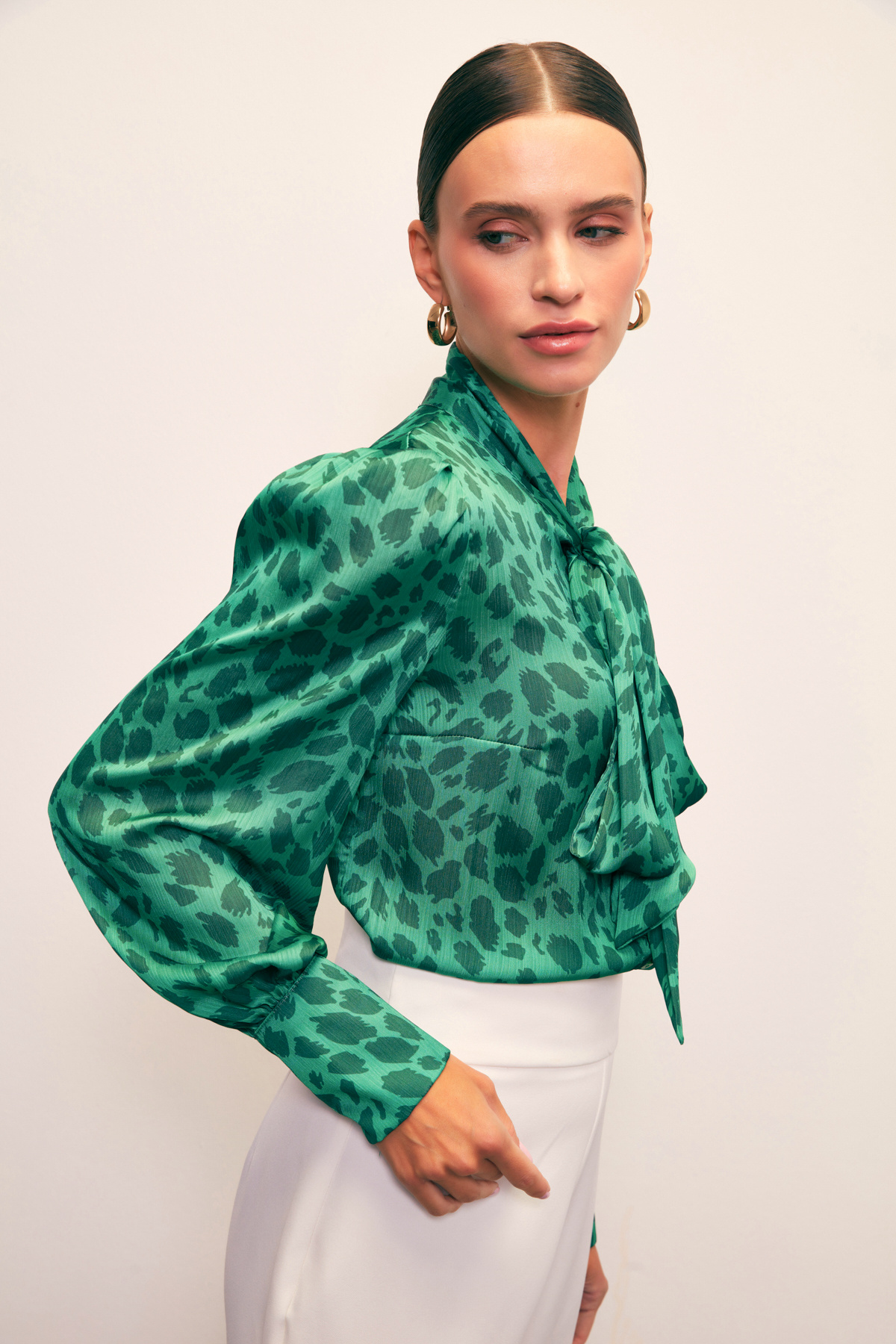 Fularlı Leopar Desenli Gömlek - YEŞİL