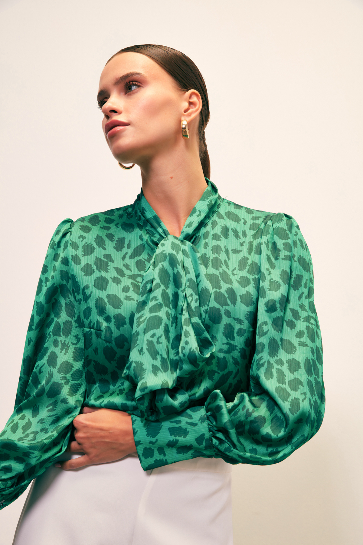 Fularlı Leopar Desenli Gömlek - YEŞİL
